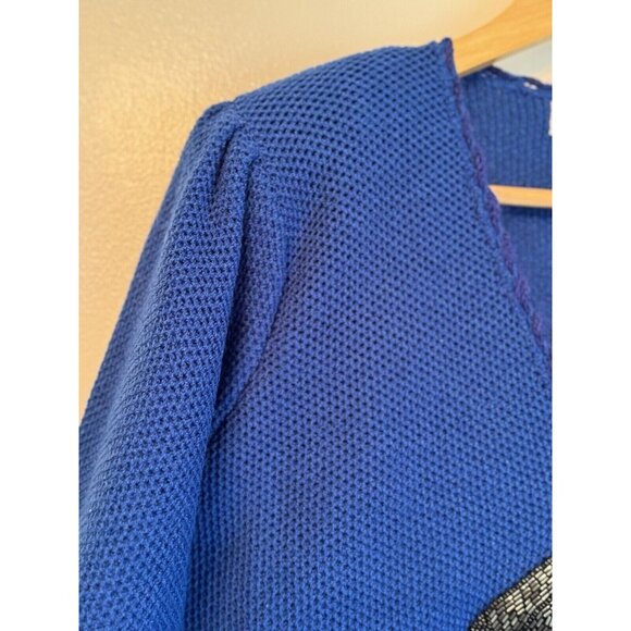 Vintage Epic Steven Womens Top Skirt Suit Large Cobalt Blue Wool Beaded 80s - Picture 7 of 14